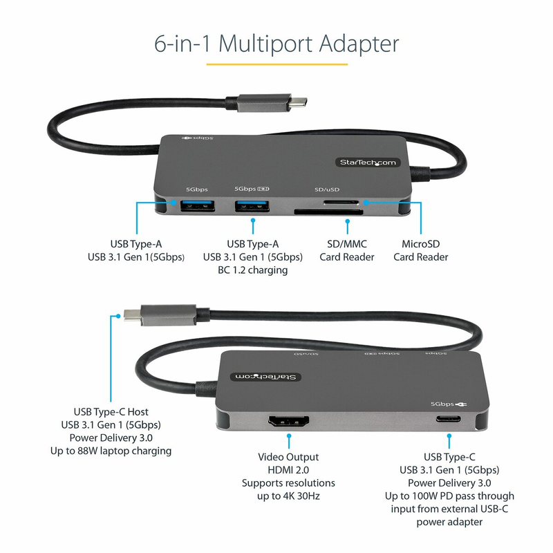StarTech Adaptador Multipuertos - HDMI 4K - 100W PD - Thunderbolt 3
